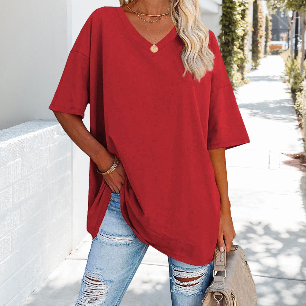 EB | Einfarbiges Neues Damen-T-Shirt Aus Baumwolle mit V-Ausschnitt