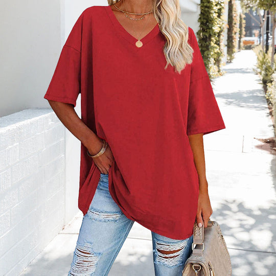 EB | Einfarbiges Neues Damen-T-Shirt Aus Baumwolle mit V-Ausschnitt
