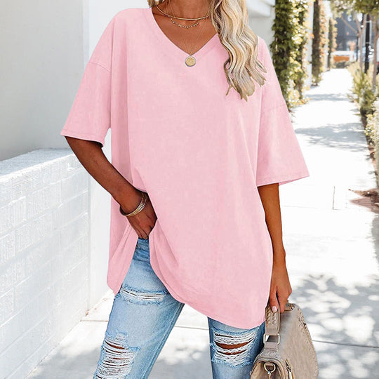 EB | Einfarbiges Neues Damen-T-Shirt Aus Baumwolle mit V-Ausschnitt