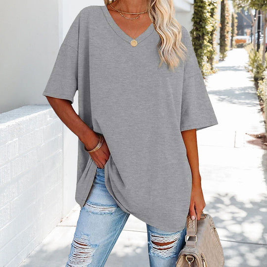 EB | Einfarbiges Neues Damen-T-Shirt Aus Baumwolle mit V-Ausschnitt