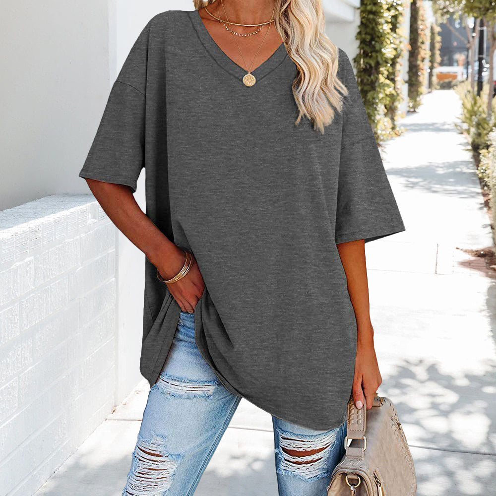 EB | Einfarbiges Neues Damen-T-Shirt Aus Baumwolle mit V-Ausschnitt