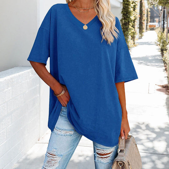 EB | Einfarbiges Neues Damen-T-Shirt Aus Baumwolle mit V-Ausschnitt