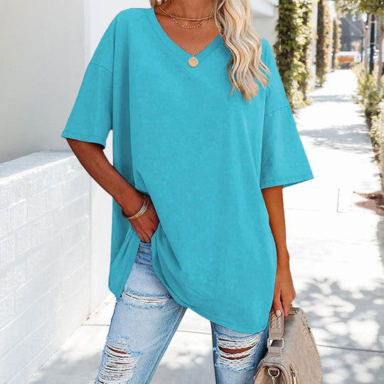 EB | Einfarbiges Neues Damen-T-Shirt Aus Baumwolle mit V-Ausschnitt