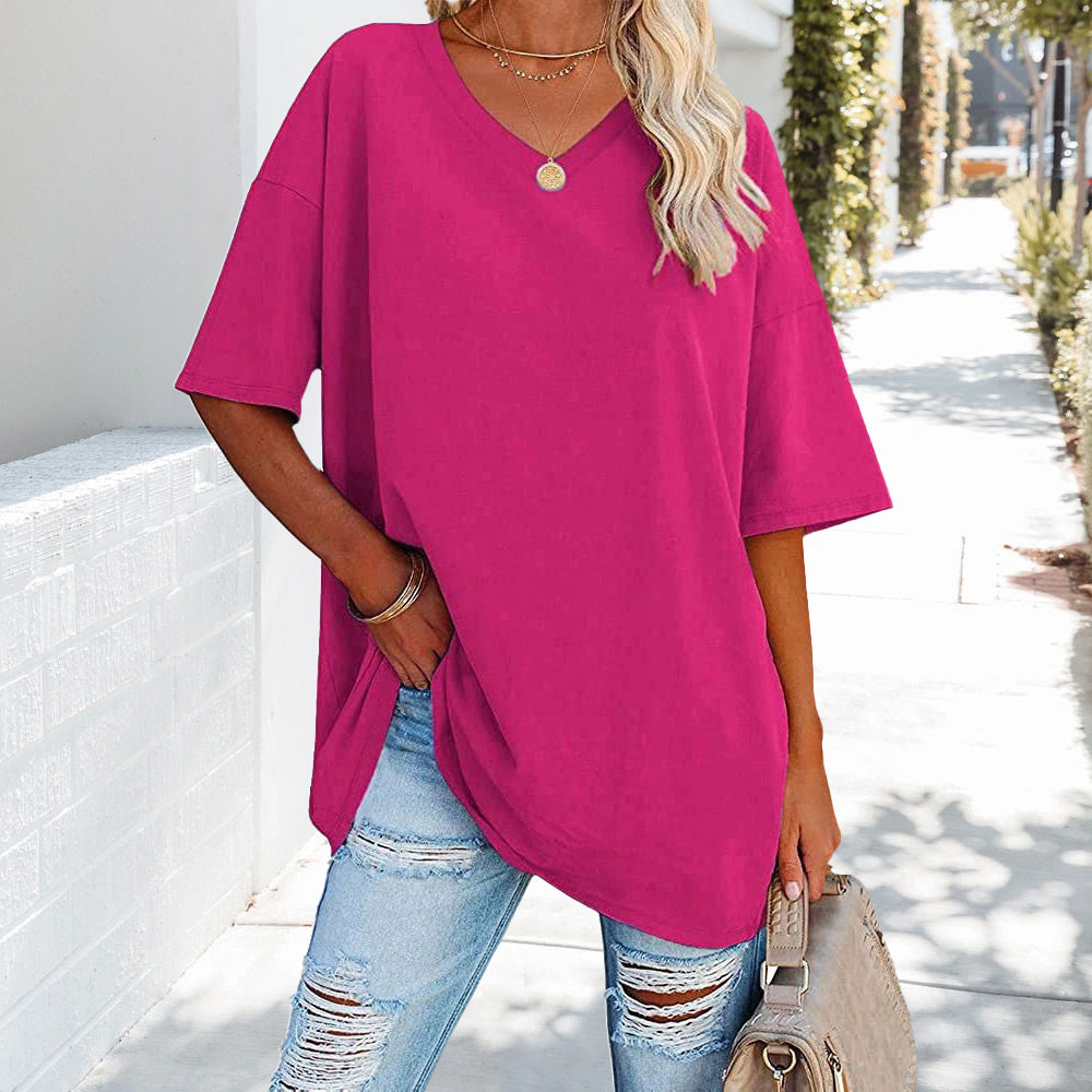 EB | Einfarbiges Neues Damen-T-Shirt Aus Baumwolle mit V-Ausschnitt