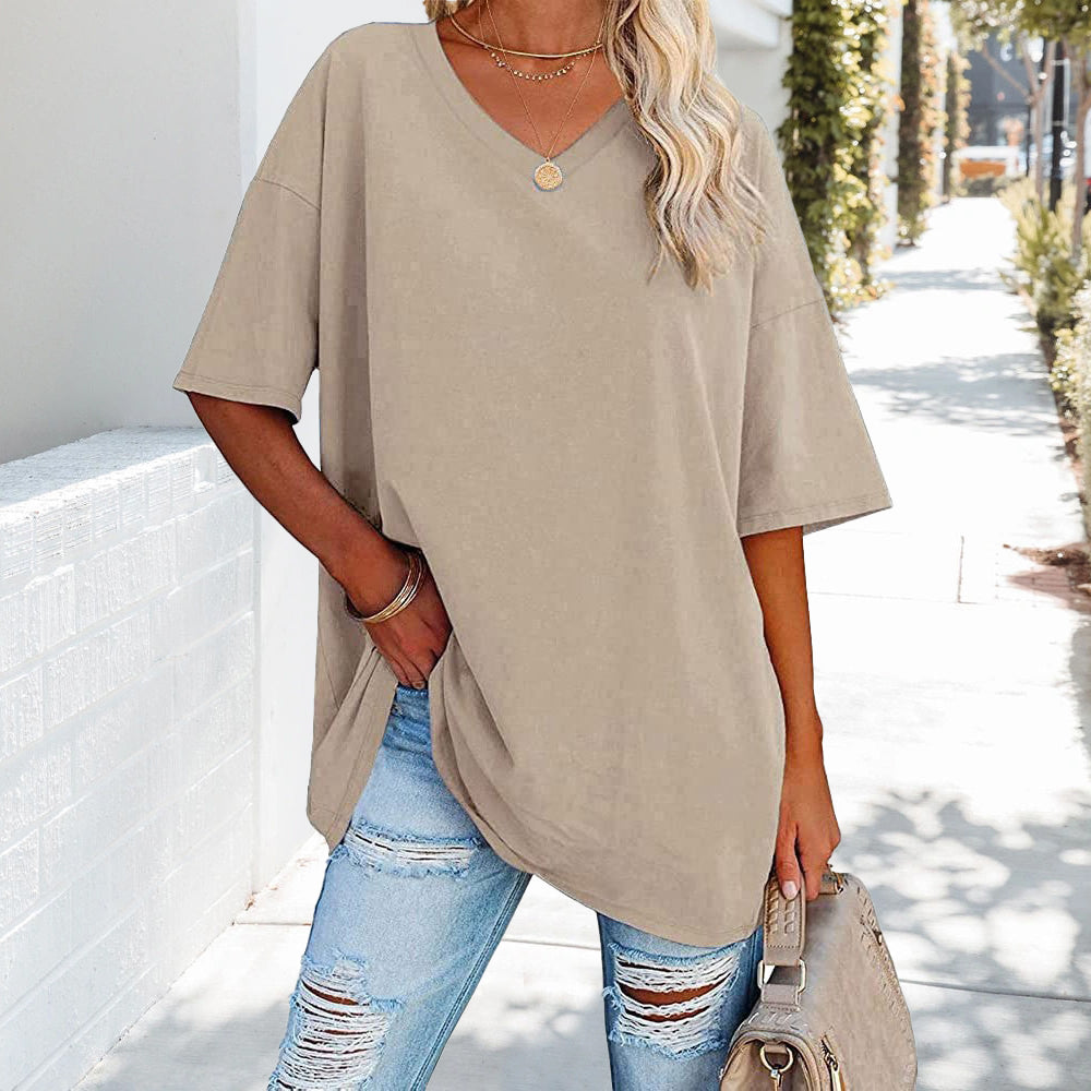 EB | Einfarbiges Neues Damen-T-Shirt Aus Baumwolle mit V-Ausschnitt