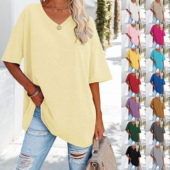 EB | Einfarbiges Neues Damen-T-Shirt Aus Baumwolle mit V-Ausschnitt
