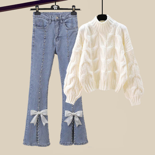 EB | Fleur Retro Glam Set - Weicher Cremefarbener Pullover & Jeans mit Perlenverzierung