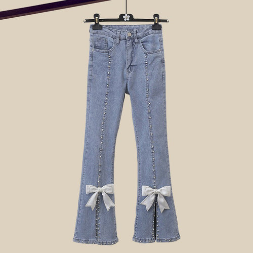 EB | Fleur Retro Glam Set - Weicher Cremefarbener Pullover & Jeans mit Perlenverzierung
