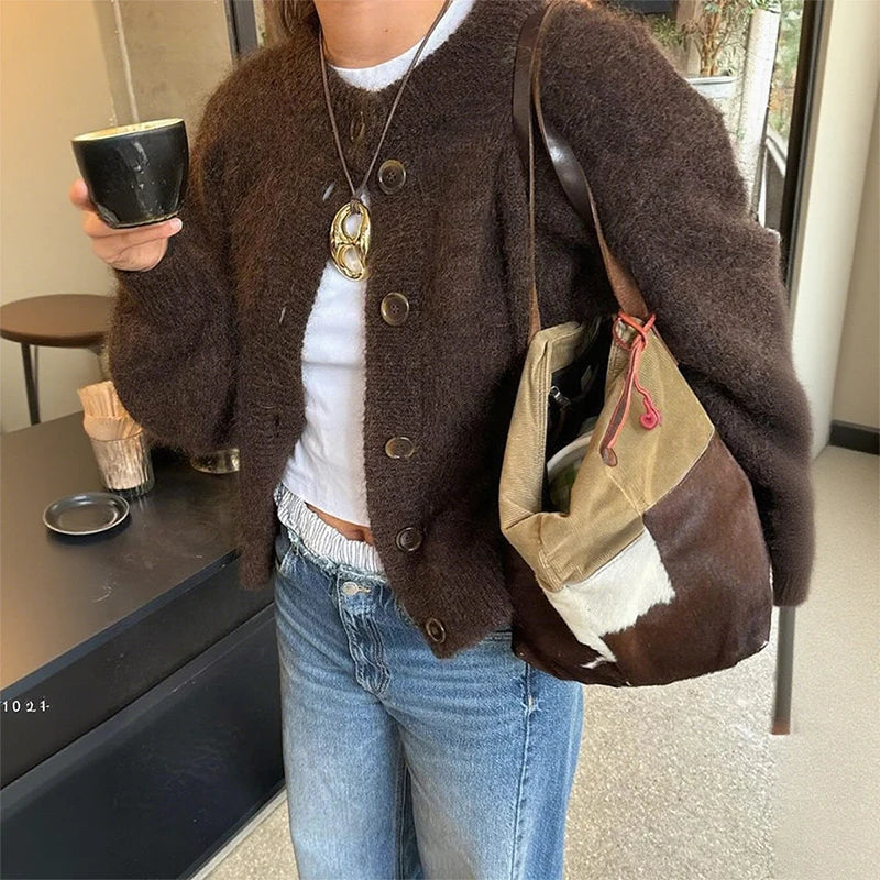 EB | Damen Braun Strickjacke mit langen Ärmeln und Knopfverschluss