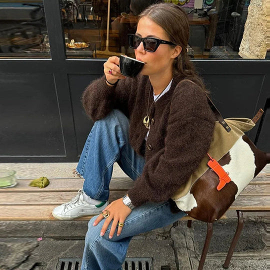 EB | Damen Braun Strickjacke mit langen Ärmeln und Knopfverschluss