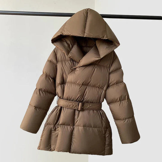 EB | Damen Gepolsterte Pufferjacke mit Kapuze und Taillengürtel
