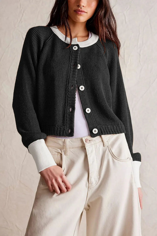 EB | Damen Cropped Cardigan mit Knöpfen und langen Ärmeln