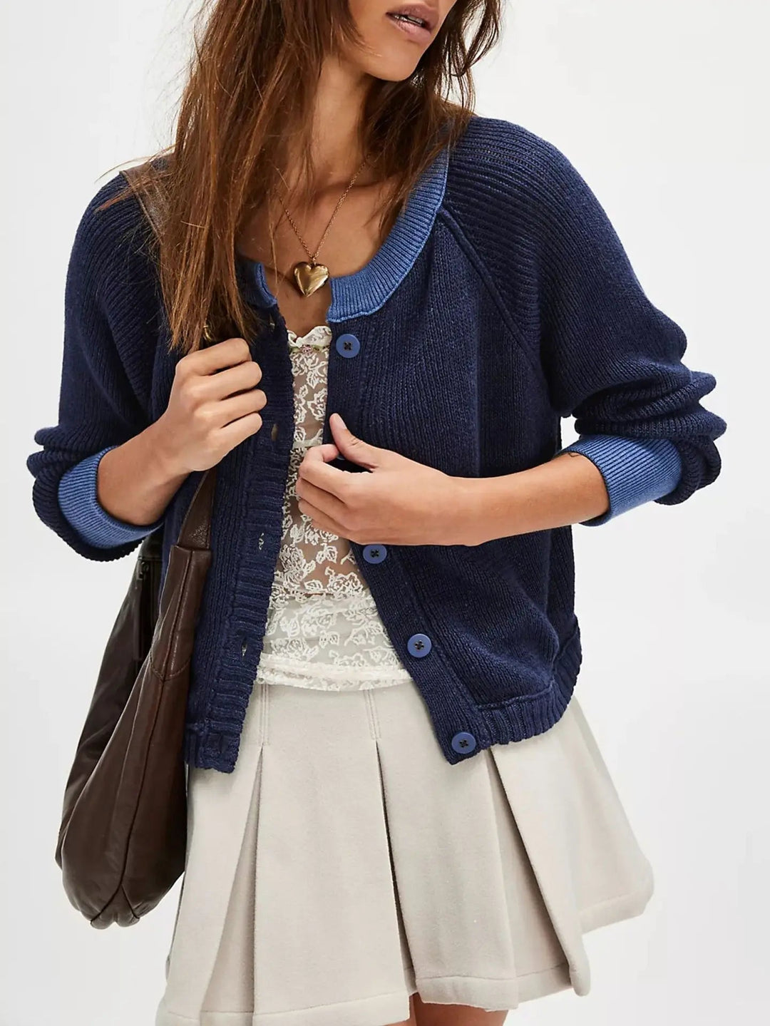 EB | Damen Cropped Cardigan mit Knöpfen und langen Ärmeln