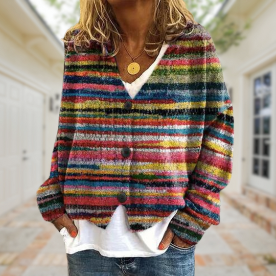 EB | Modische, bedruckte Strickjacke mit V-Ausschnitt und Knöpfen