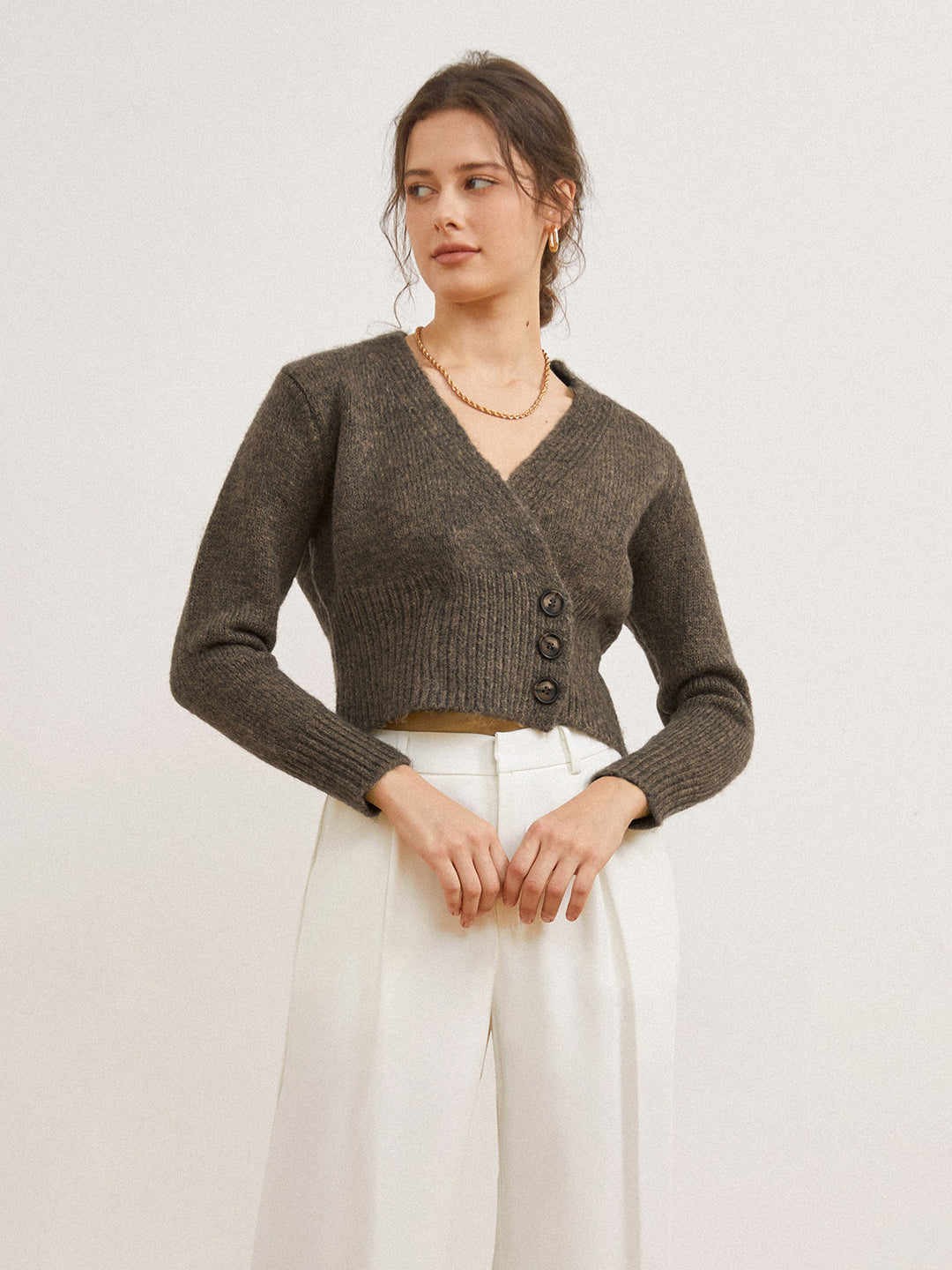 EB | Cardigan mit Seitlicher Öffnung und Tiefem V-ausschnitt Wollmischung Einfach und Warm