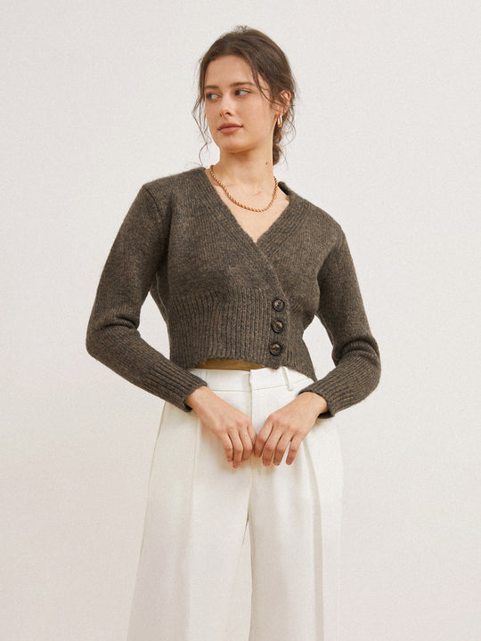 EB | Cardigan mit Seitlicher Öffnung und Tiefem V-ausschnitt Wollmischung Einfach und Warm