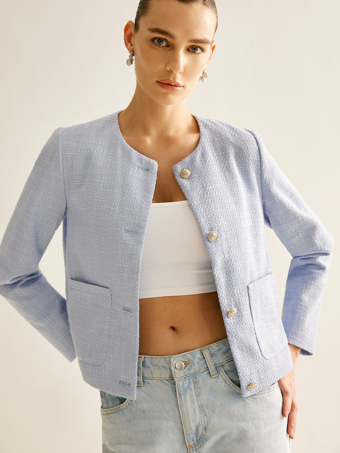 EB | Bouclejacke mit Knöpfen Kurzer Schnitt Elegant und Strukturiert