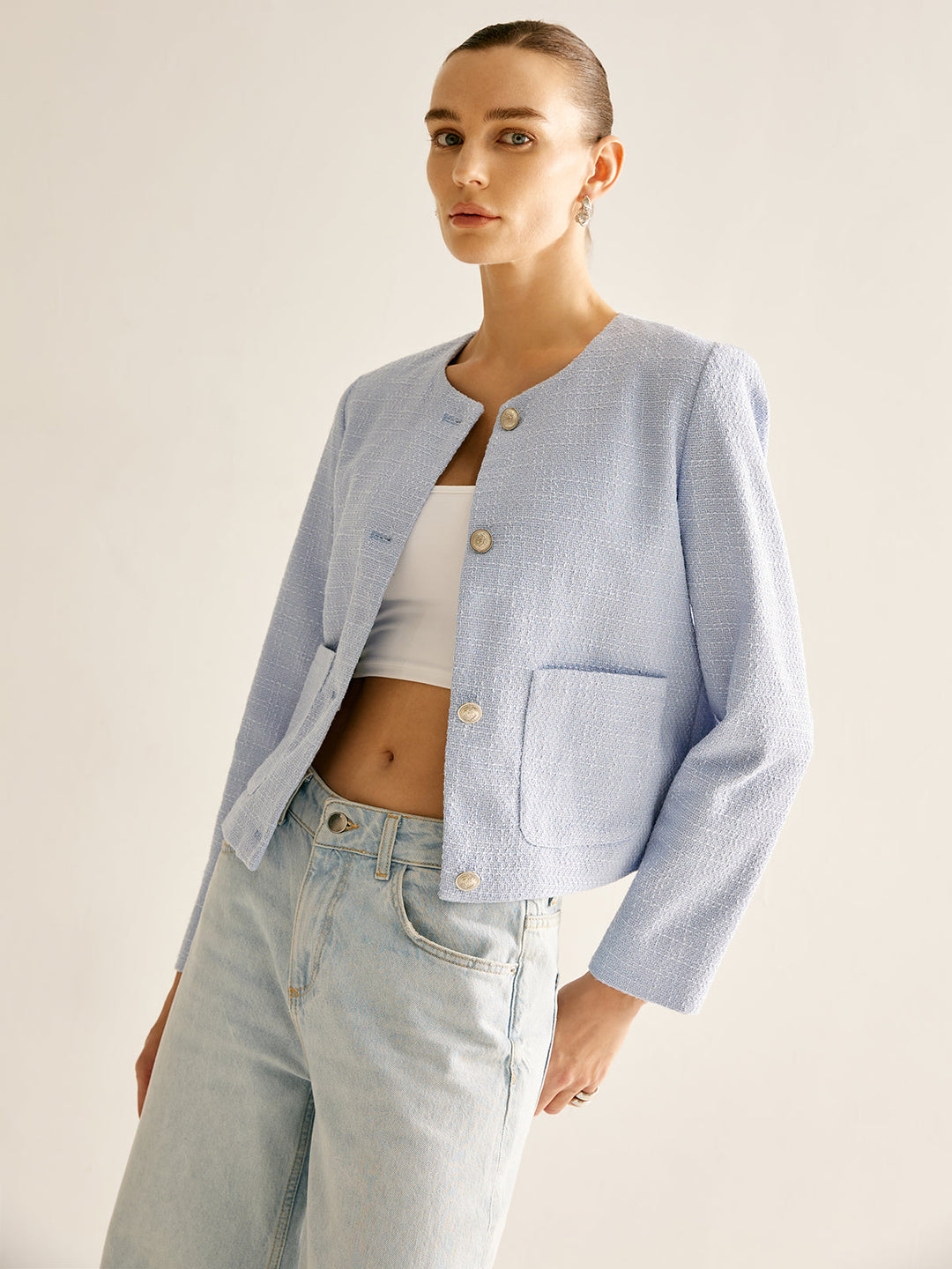 EB | Bouclejacke mit Knöpfen Kurzer Schnitt Elegant und Strukturiert