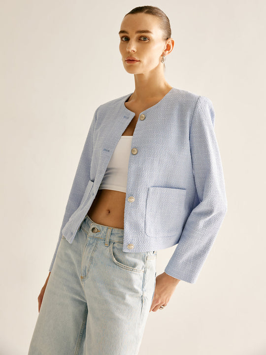 EB | Bouclejacke mit Knöpfen Kurzer Schnitt Elegant und Strukturiert