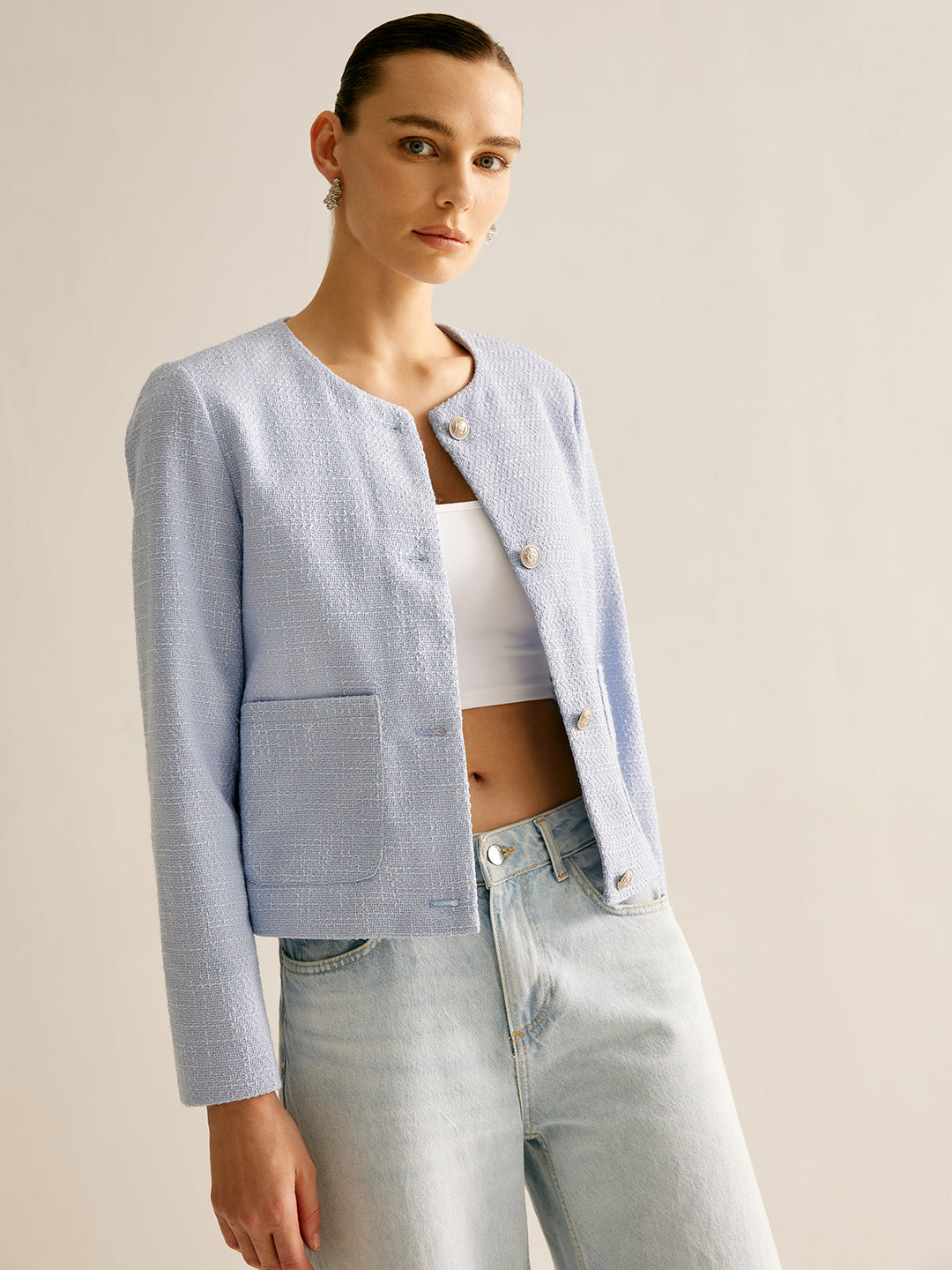 EB | Bouclejacke mit Knöpfen Kurzer Schnitt Elegant und Strukturiert