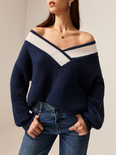 EB | Off-shoulder Strickbluse Komfortabel und Stilvoll V-ausschnitt Detail