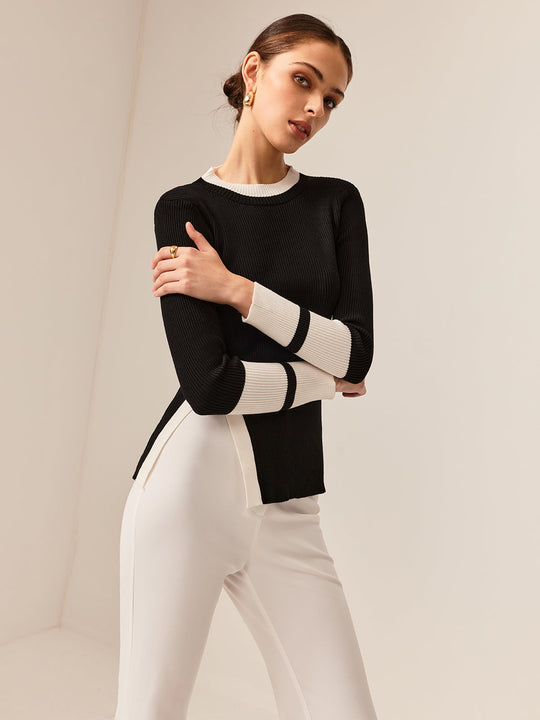 EB | Rippstrickbluse Kontrastelemente Modern und Elegant