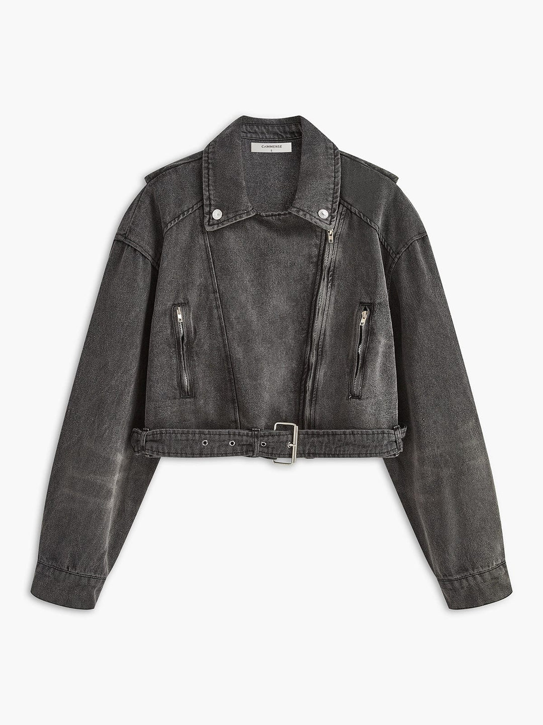 EB | Schwarze Cropped Bikerjacke Aus Denim für Den Ultimativen Rock Chic Look