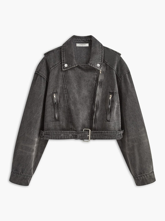 EB | Schwarze Cropped Bikerjacke Aus Denim für Den Ultimativen Rock Chic Look