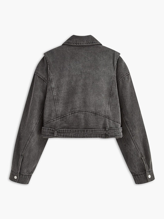 EB | Schwarze Cropped Bikerjacke Aus Denim für Den Ultimativen Rock Chic Look
