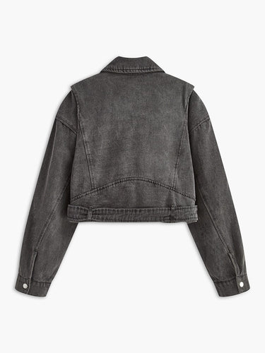 EB | Schwarze Cropped Bikerjacke Aus Denim für Den Ultimativen Rock Chic Look