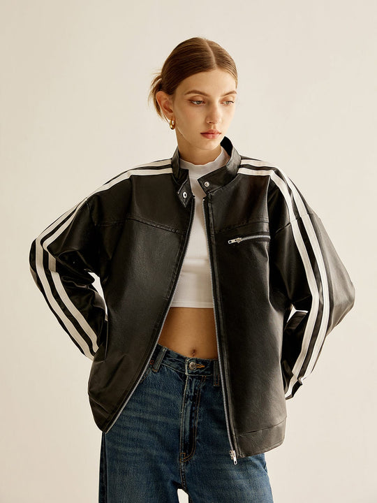 EB | Schwarze Lederjacke mit Kontraststreifen
