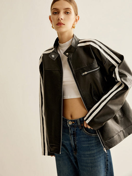 EB | Schwarze Lederjacke mit Kontraststreifen