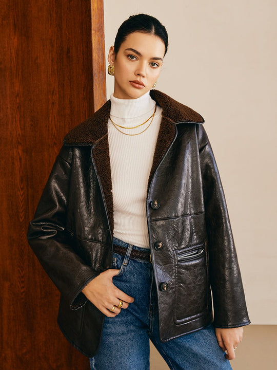 EB | Schwarze Lederjacke mit Teddy Futter