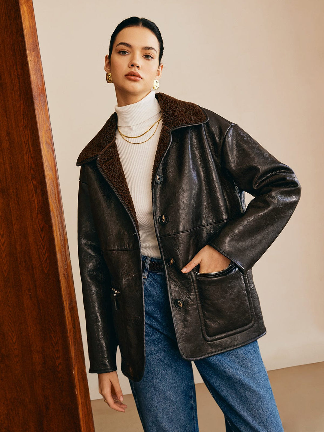 EB | Schwarze Lederjacke mit Teddy Futter