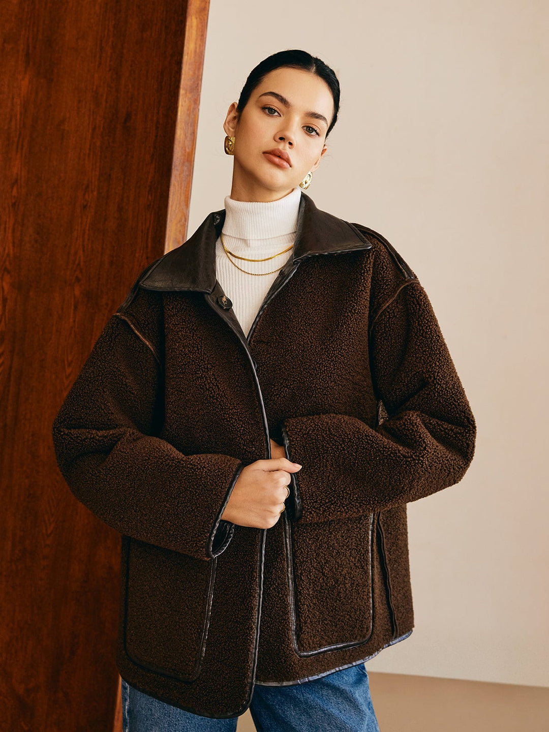 EB | Schwarze Lederjacke mit Teddy Futter