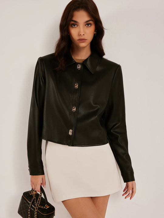 EB | Knopf PU Leder Kurze Jacke