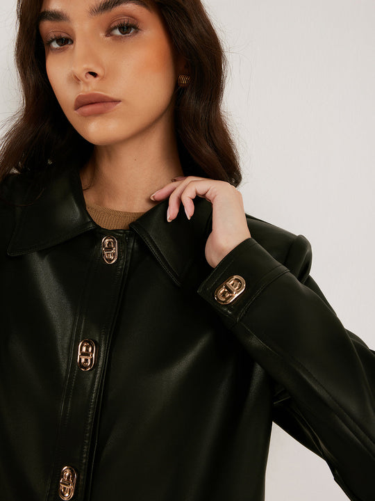 EB | Knopf PU Leder Kurze Jacke