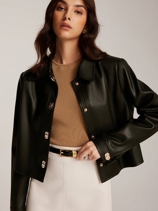 EB | Knopf PU Leder Kurze Jacke