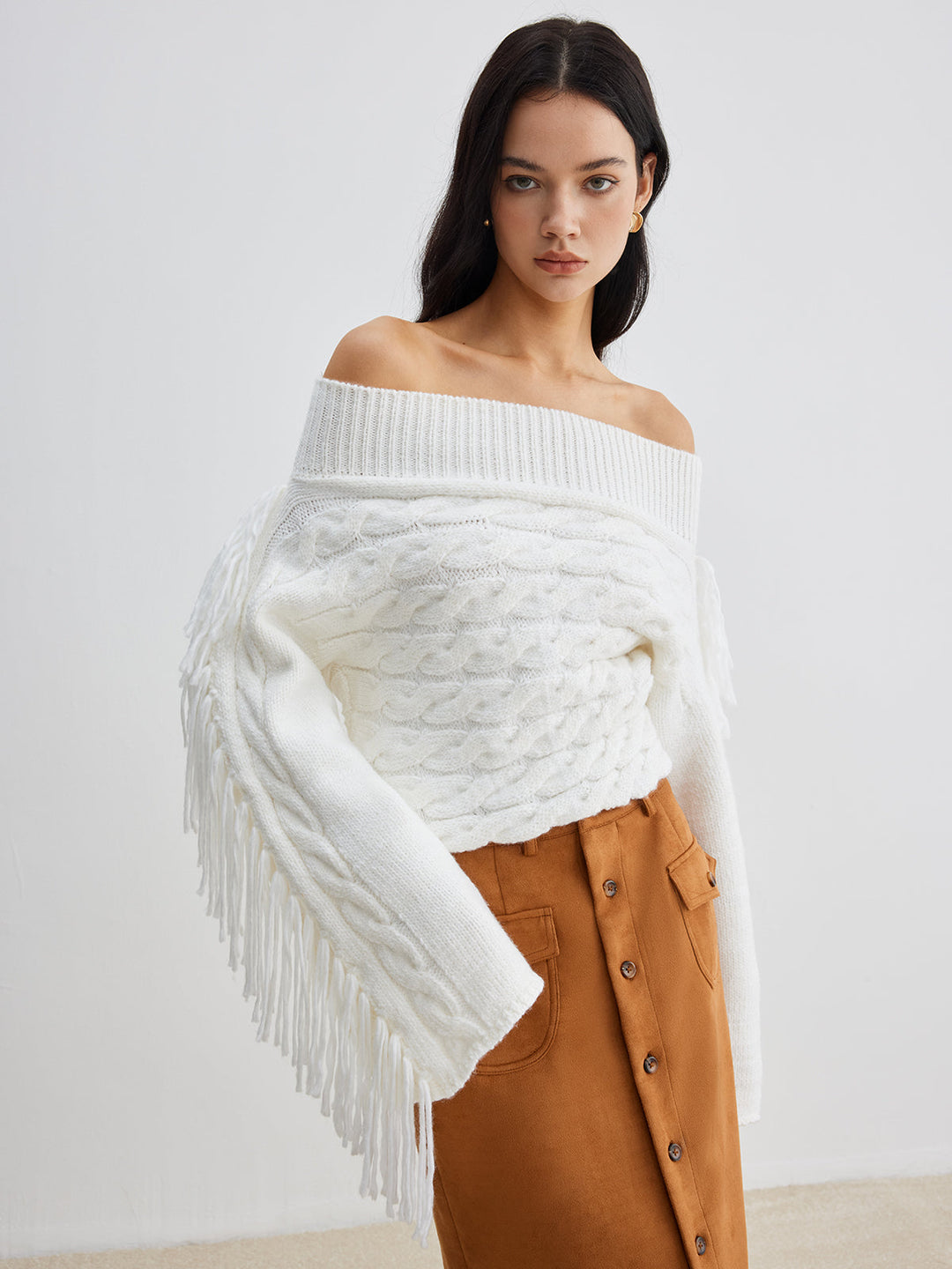 EB | Off-shoulder Kabelstrick Pullover Unik und Trendy mit Fransen