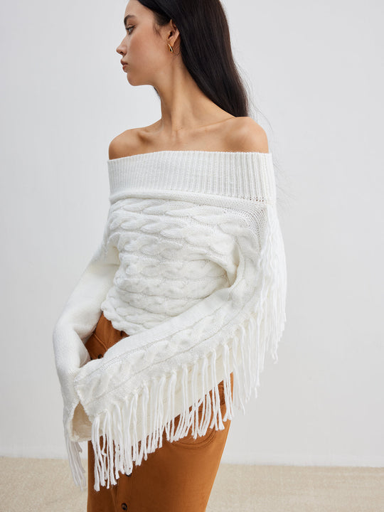 EB | Off-shoulder Kabelstrick Pullover Unik und Trendy mit Fransen