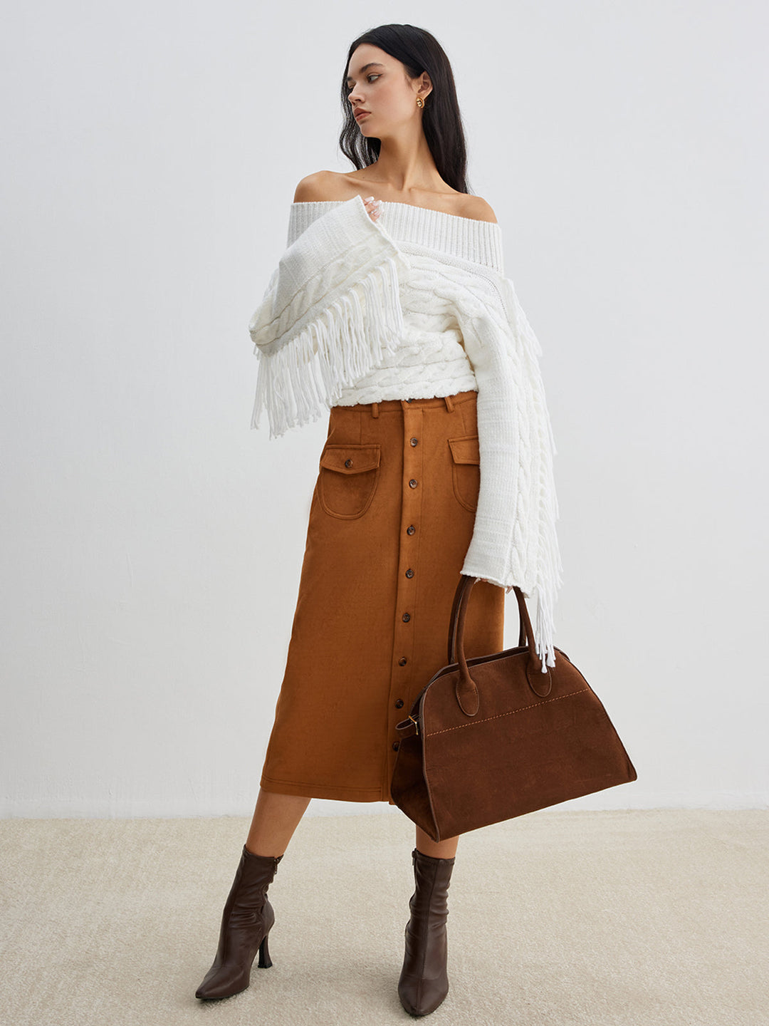 EB | Off-shoulder Kabelstrick Pullover Unik und Trendy mit Fransen
