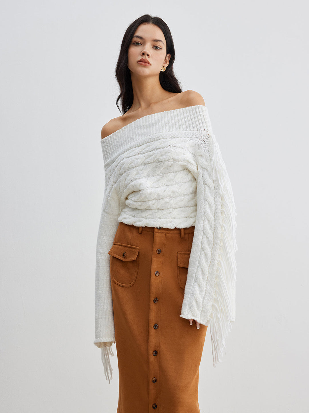 EB | Off-shoulder Kabelstrick Pullover Unik und Trendy mit Fransen