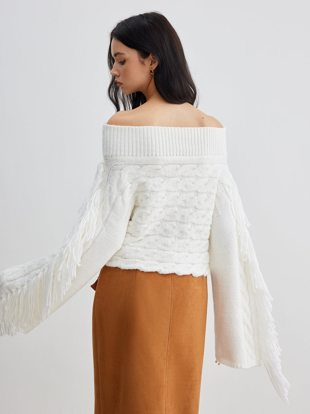 EB | Off-shoulder Kabelstrick Pullover Unik und Trendy mit Fransen