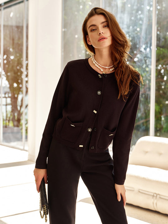 EB | Cardigan mit Dekorativen Knöpfen und Taschen Rundhals Elegant und Klassisch