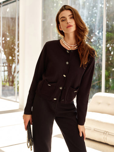 EB | Cardigan mit Dekorativen Knöpfen und Taschen Rundhals Elegant und Klassisch