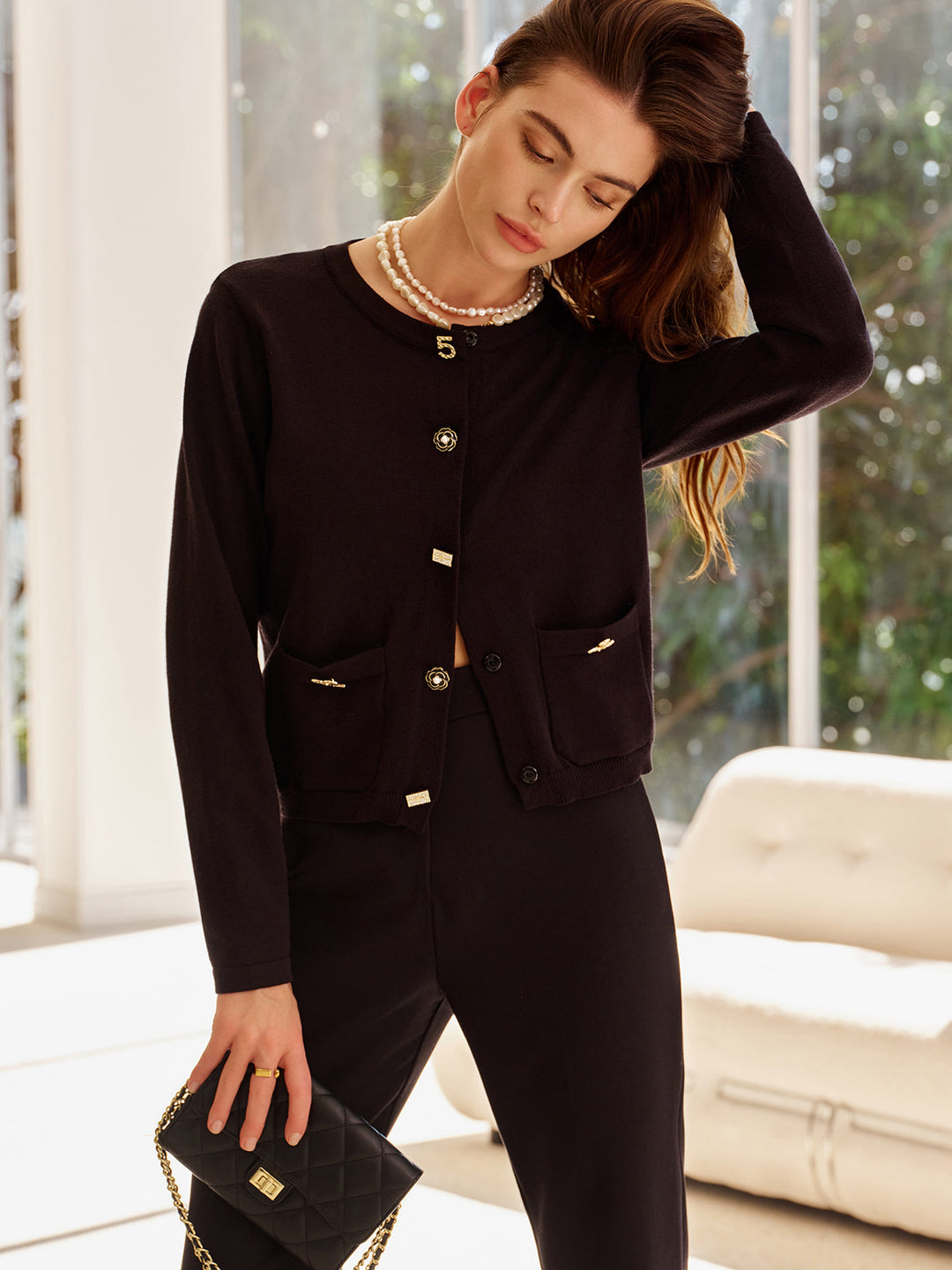 EB | Cardigan mit Dekorativen Knöpfen und Taschen Rundhals Elegant und Klassisch