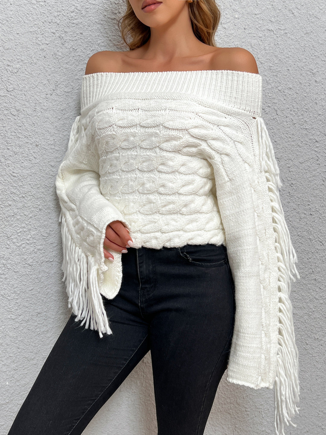 EB | Off-shoulder Kabelstrick Pullover Unik und Trendy mit Fransen