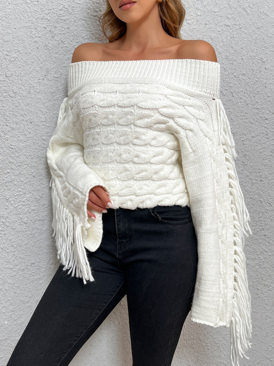 EB | Off-shoulder Kabelstrick Pullover Unik und Trendy mit Fransen