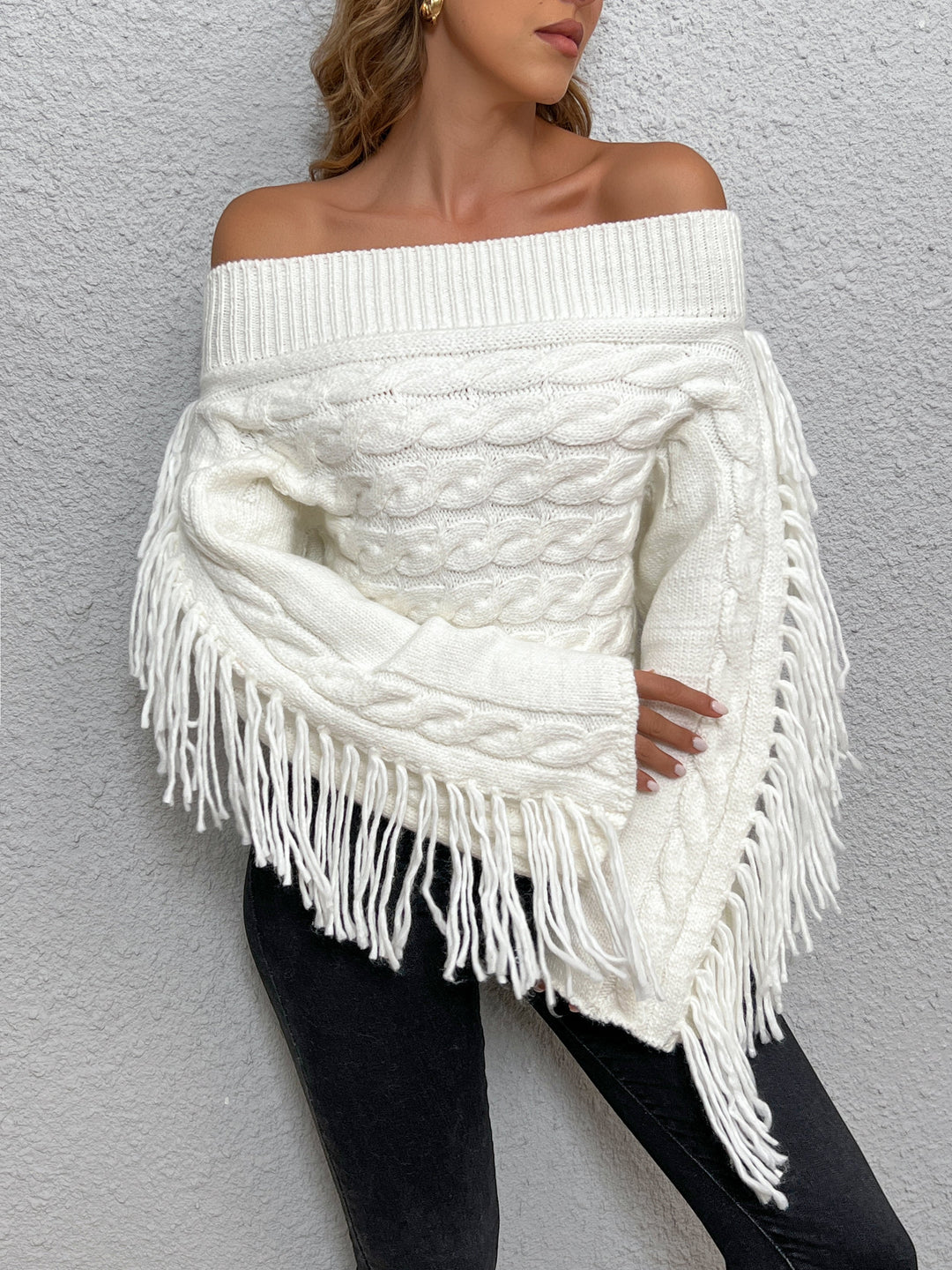 EB | Off-shoulder Kabelstrick Pullover Unik und Trendy mit Fransen