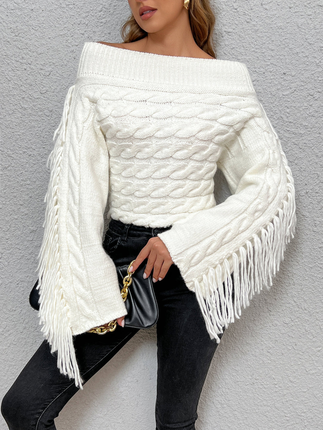 EB | Off-shoulder Kabelstrick Pullover Unik und Trendy mit Fransen